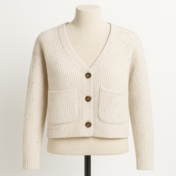 Old Navy Speckled Knit Button Cropped Cardigan Cream Women M Cottagecore Preppy - Picture 1 of 10